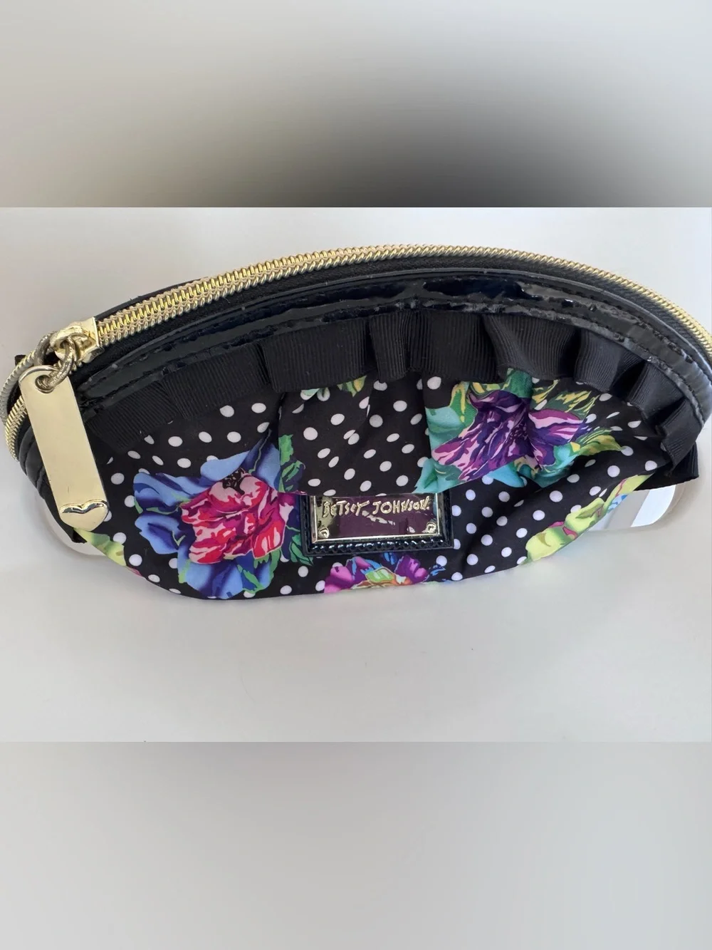 Betsey Johnson Floral Polka Dot Ruffle Cosmetic Makeup Bag Travel Zip Pouch Case